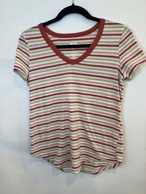 SO Striped V Neck Tee Small Retro Y2K Soft Girl Casual Basic Summer Top